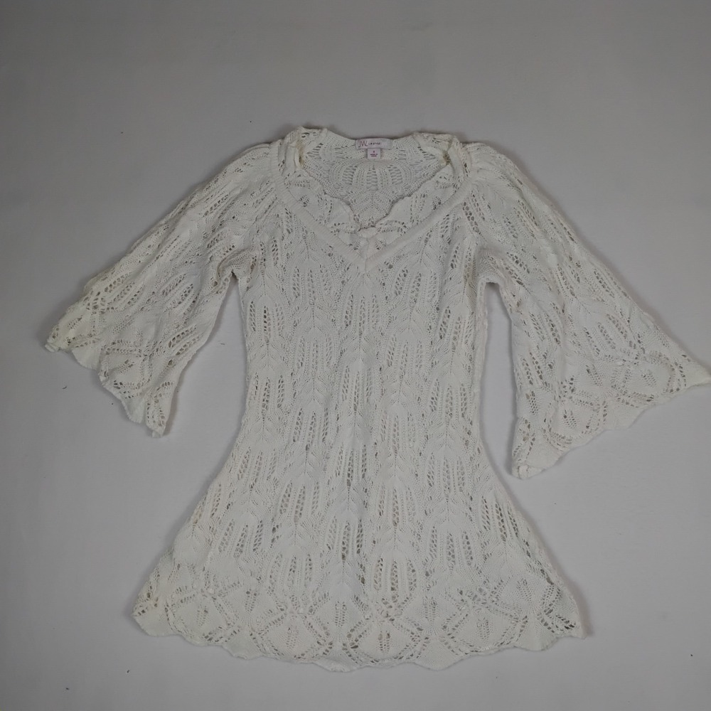 JW Style Women Small Ivory Crochet Open Knit Sweater Bell Sleeve Boho V-Neck